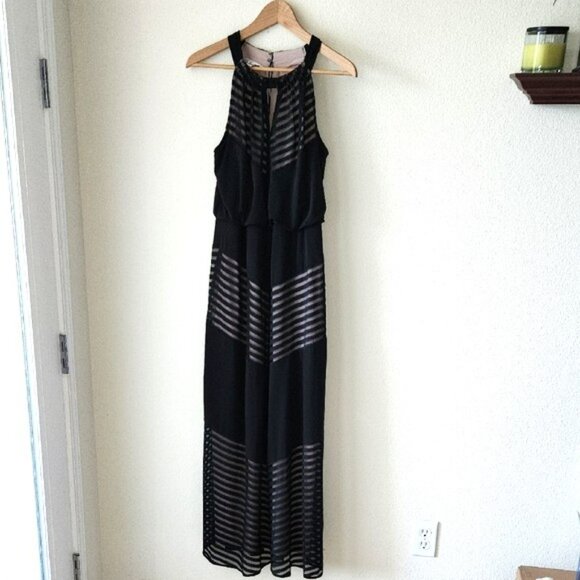 London Times Betsy Knit Black Chevron Ilusión Halter Keyhole Lined Maxi Dress - Picture 2 of 15